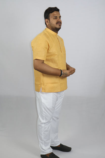 SHARPLINEN MEN'S HALF SLEEVE KURTA TURMERIC