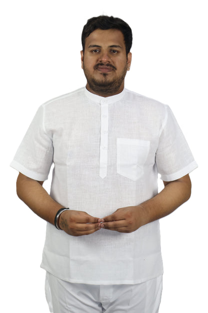 SHARPLINEN MEN'S HALF SLEEVE KURTA WHITE