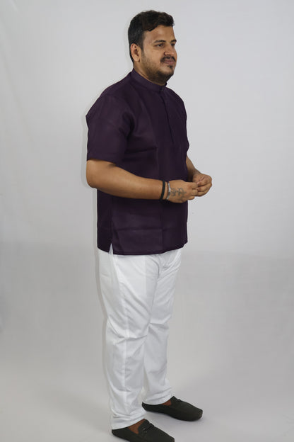 SHARPLINEN MEN'S HALF SLEEVE KURTA WINE